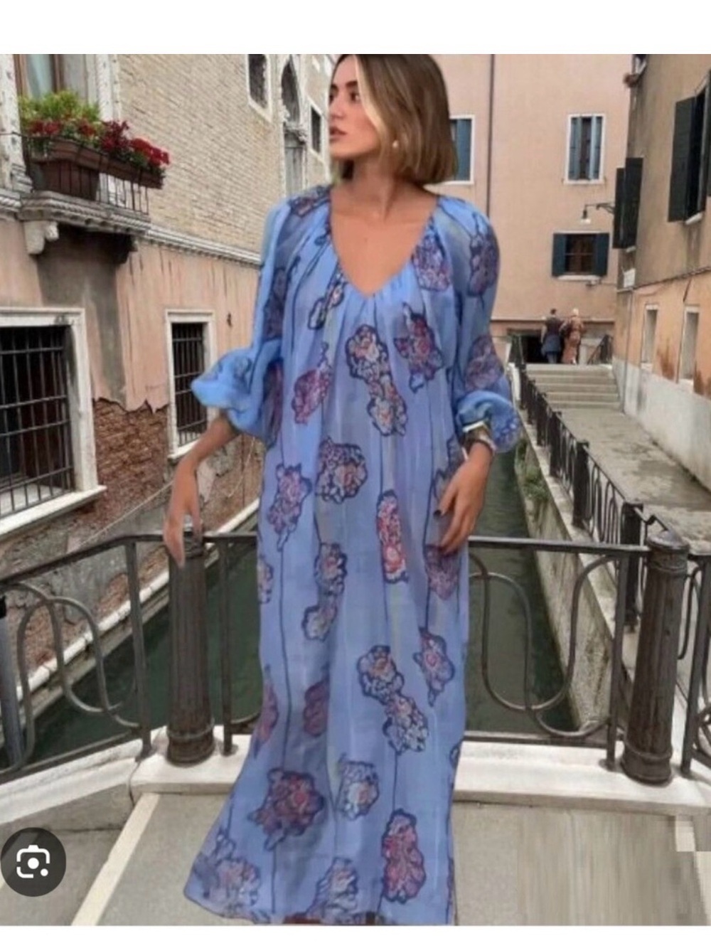 Zara Light Blue Floral V-Neck Maxi Dress